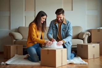 Couple emballant soigneusement des cartons de déménagement dans leur salon pour préparer un transport longue distance