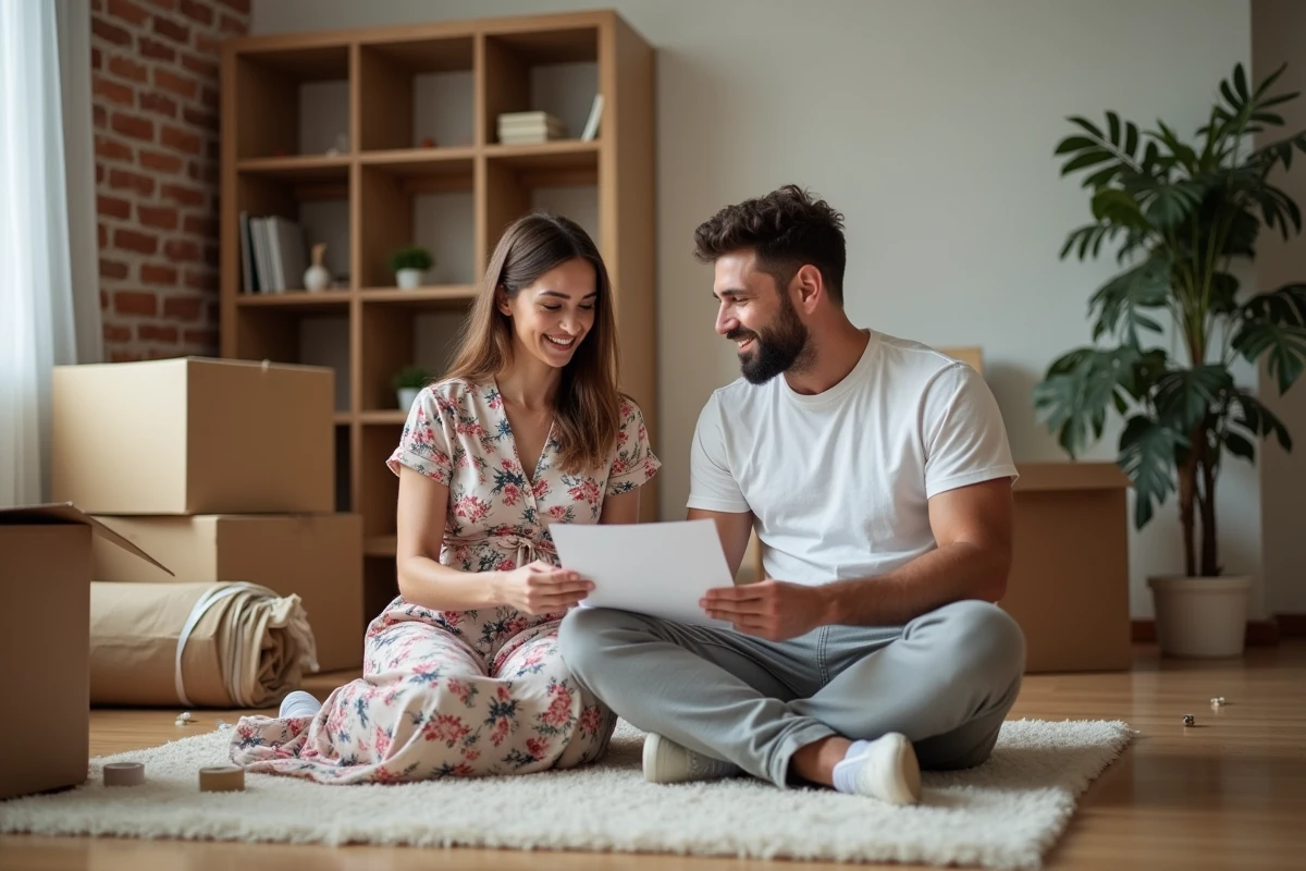 Couple triant des documents entourés de cartons lors d'un emménagement dans leur nouveau logement