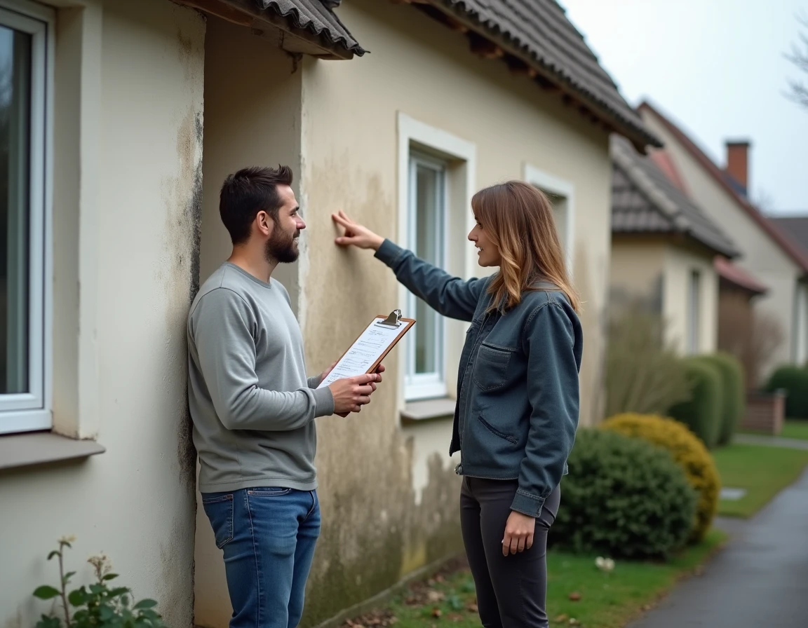 Couple de particuliers examinant la façade de leur maison avec une liste d'audit énergétique, erreurs à éviter