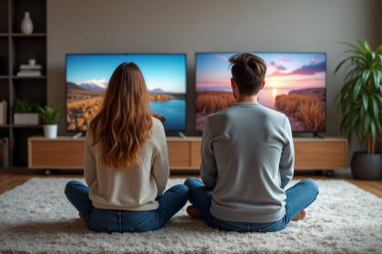 Jeune couple dans un salon avec téléviseurs OLED et QLED