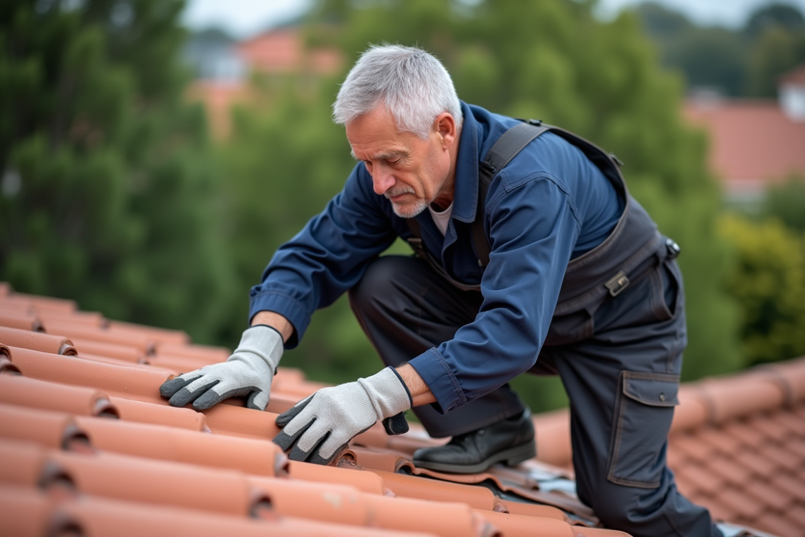 Ouvrier senior posant des tuiles mécaniques sur un toit résidentiel