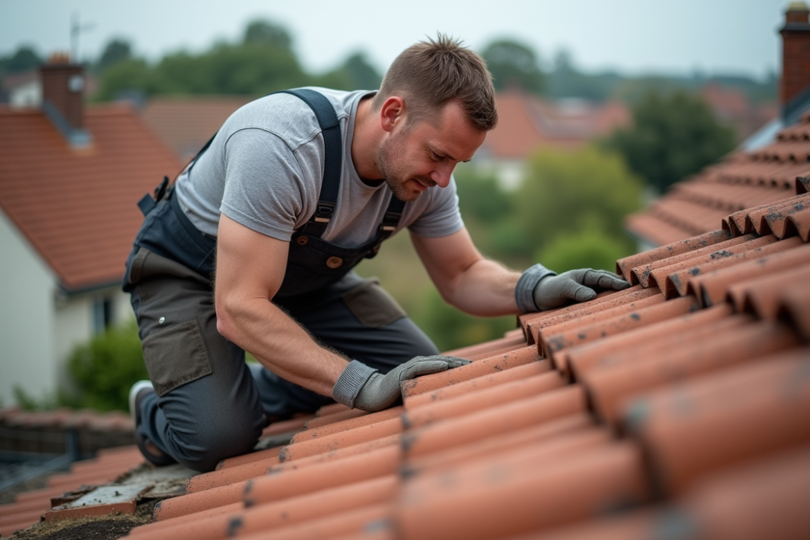 Ouvrier couvreur ajustant des tuiles en terre cuite sur un toit traditionnel