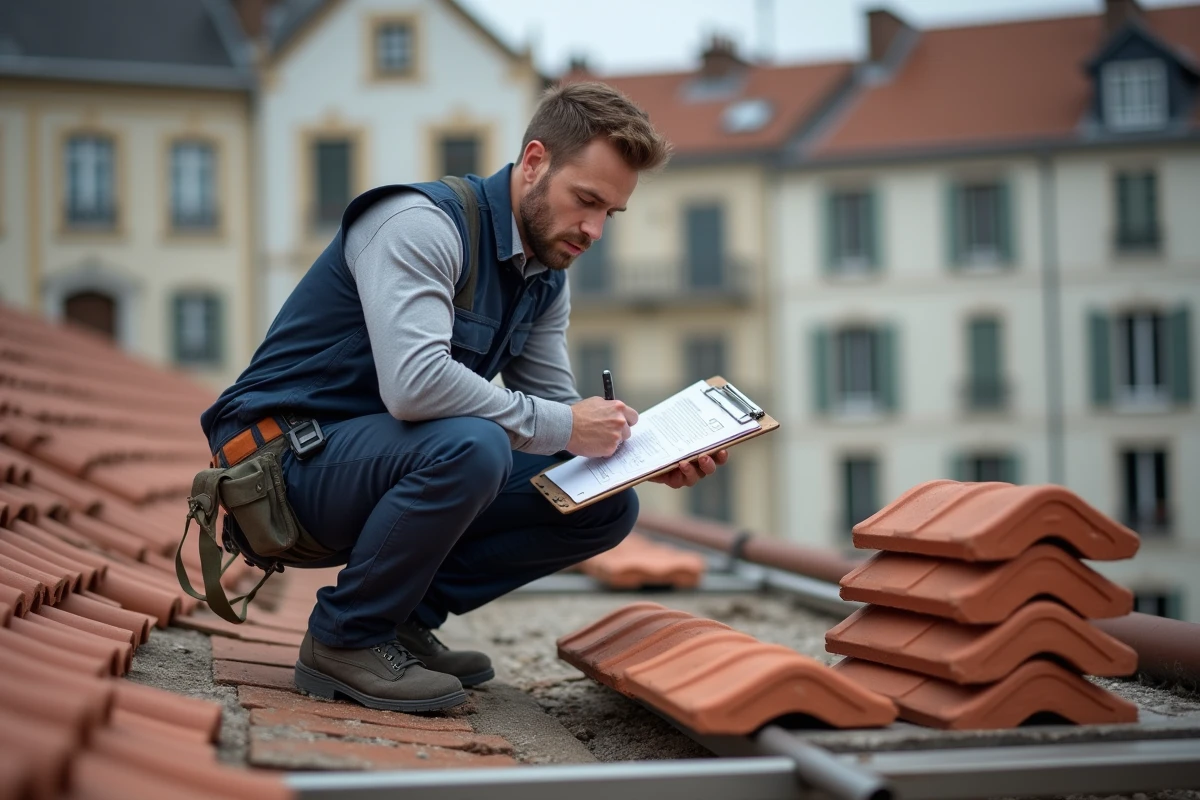 Couvreur artisan consultant une fiche technique checklist pour la pose de tuiles canal sur un chantier de rénovation