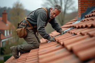 Couvreur posant des tuiles en terre cuite sur un toit en cours de rénovation dans un quartier résidentiel français