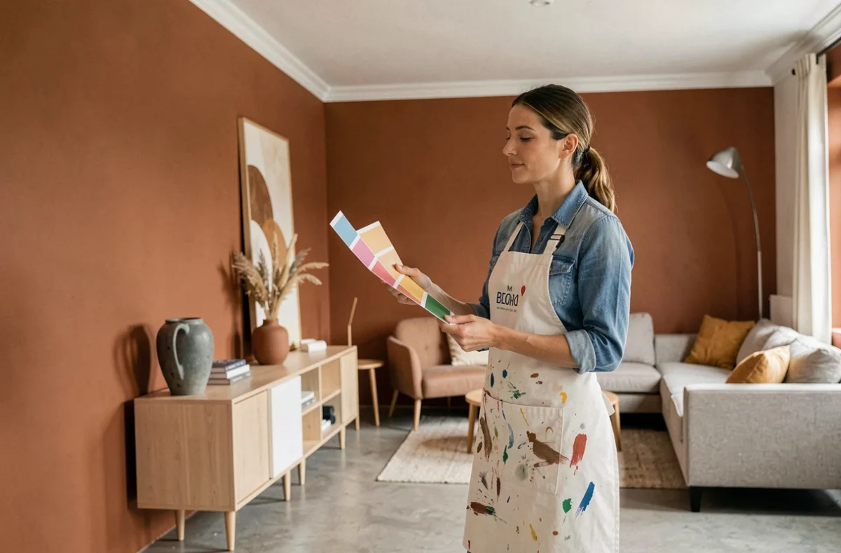Décoratrice de Création Déco présentant un salon fraîchement décoré avec peinture terracotta dans une maison rénovée du Lot-et-Garonne
