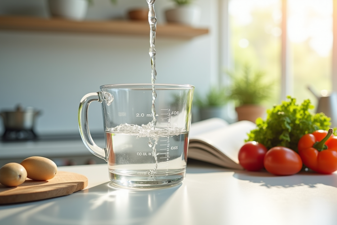 Cuisine moderne avec verre doseur rempli d'eau et légumes frais