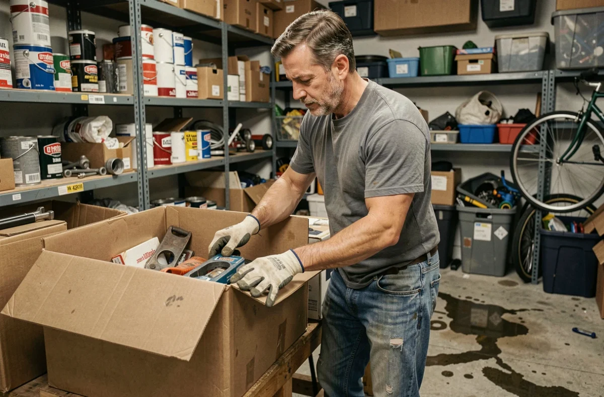 Homme triant des cartons et outils dans un garage encombré lors d'un débarras sécurisé