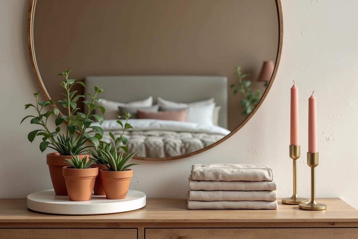 Commode décorée avec des pots en terre cuite, plantes vertes, plateau en travertin et bougeoir en laiton pour une déco chambre printanière