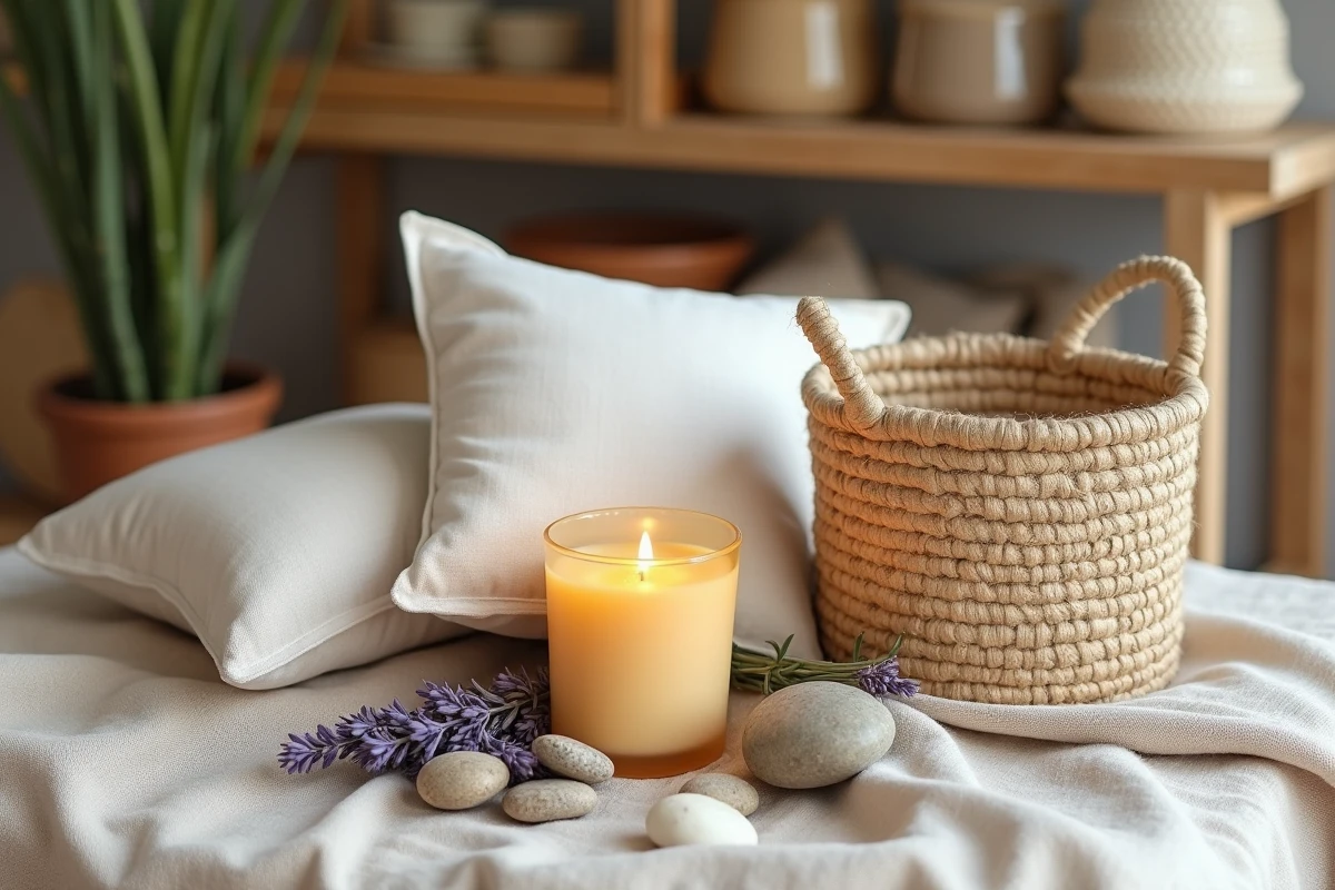 Composition flat lay de produits de décoration naturels et écoresponsables en lin, jute et cire d'abeille dans une boutique lyonnaise