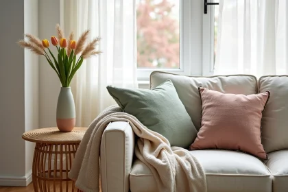 Salon décoré dans un style scandinave printanier avec canapé en lin pastel, coussin sauge et rose poudré, vase céramique et herbes de pampa