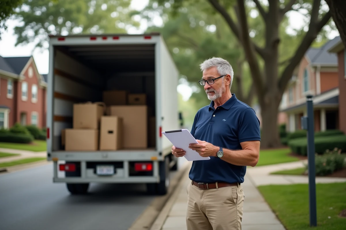 Homme consultant une liste lors d'un déménagement devant un camion de transport