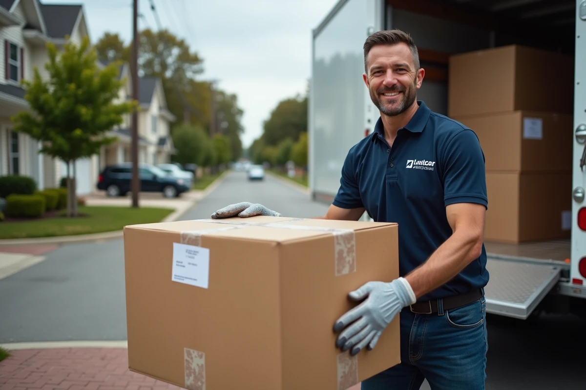 Déménageur professionnel chargeant des meubles et cartons dans un camion de déménagement longue distance devant une maison