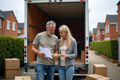 Un couple examine une checklist avant déménagement en extérieur
