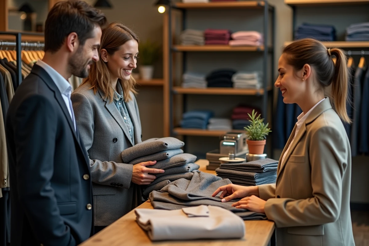 Couple déposant des vêtements auprès d'une responsable de dépôt vente à Caen, discussion autour de l'estimation d'un blazer de qualité