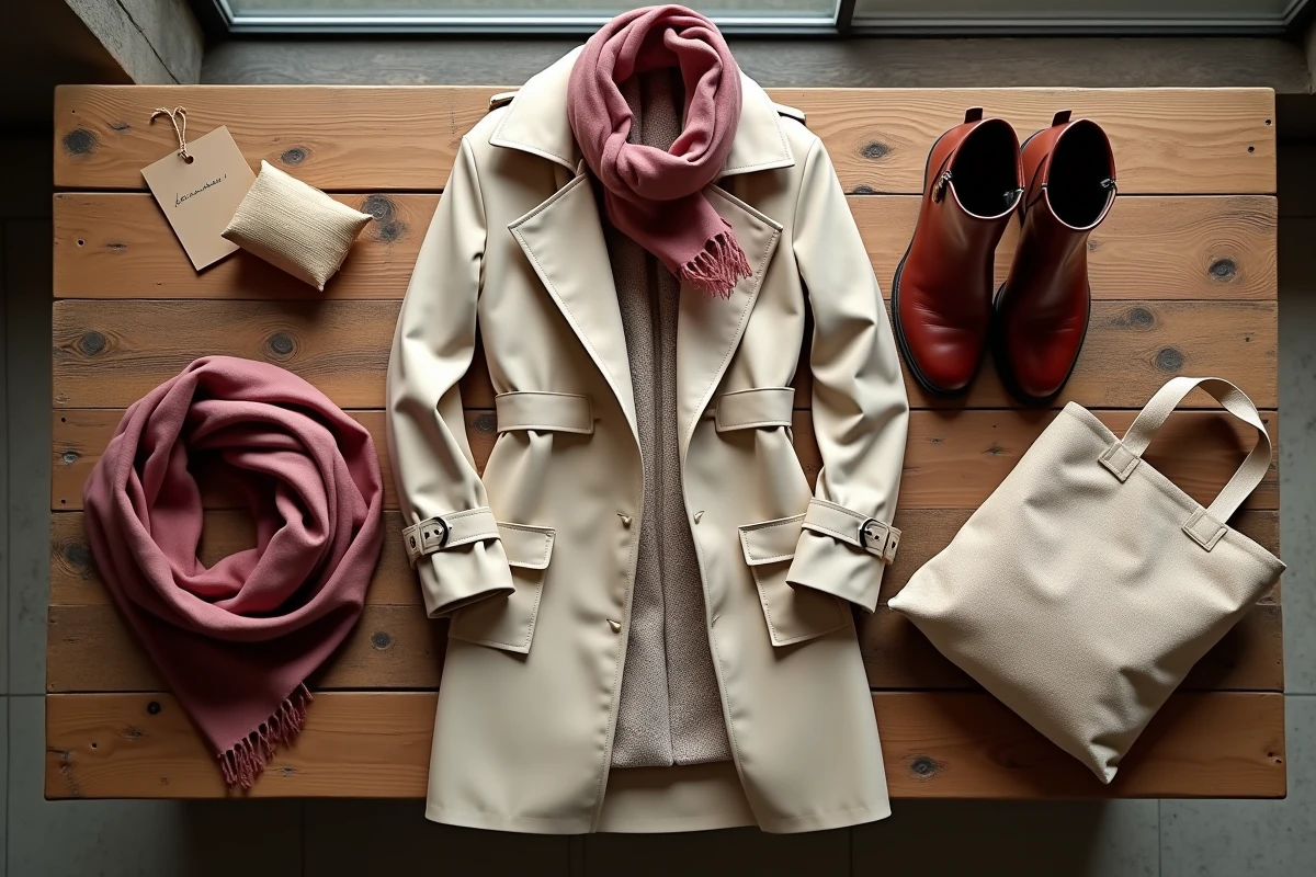 Flat lay de vêtements et accessoires de seconde main sélectionnés dans un dépôt vente à Caen, incluant trench coat, écharpe en soie et bottines en cuir avec étiquettes de prix