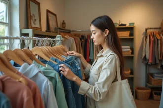 Jeune femme faisant du shopping dans un dépôt vente de vêtements à Caen, parcourant un portant de vêtements de seconde main soigneusement disposés