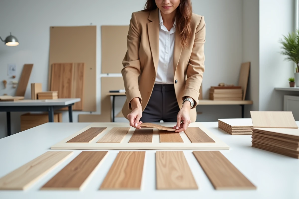 Designer d'intérieur comparant des échantillons de placage bois de différentes essences dans un studio de conception moderne