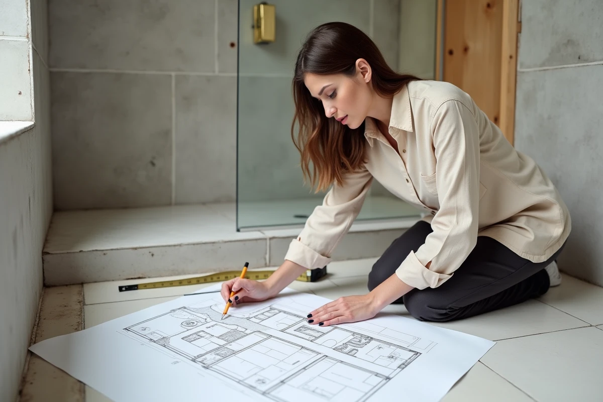 Designer d'intérieur analysant un plan de salle de bain 4m2 sans WC avant les travaux de rénovation
