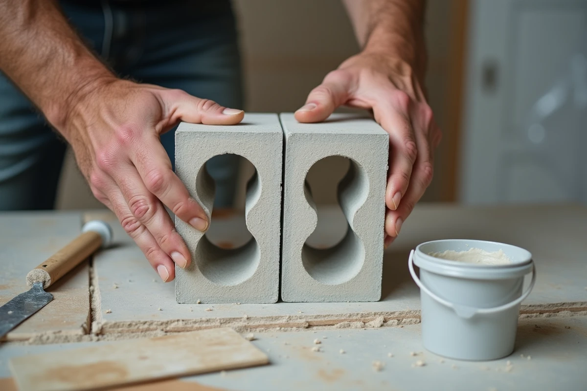 Gros plan sur l'assemblage de blocs de béton cellulaire avec colle pour construire un meuble de salle de bain