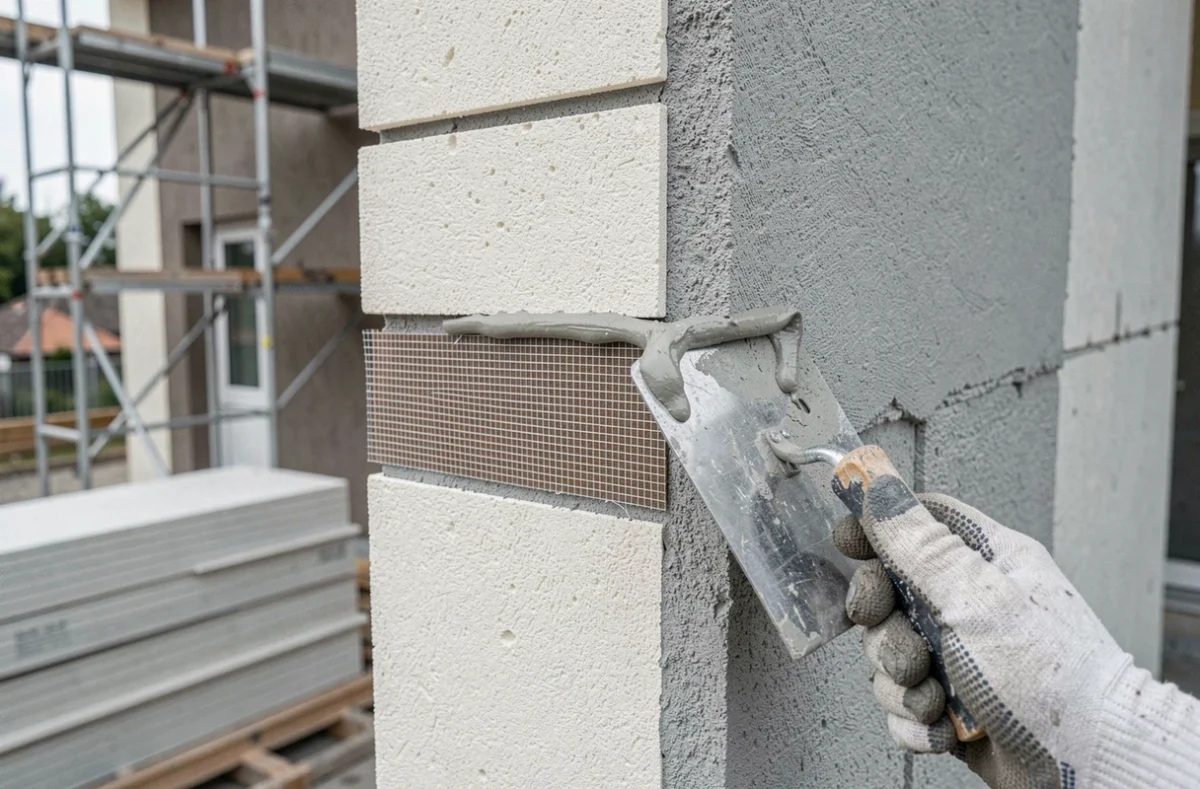 Gros plan sur les couches d'enduit minéral, treillis de fibres de verre et isolant polystyrène sur une façade en cours de rénovation