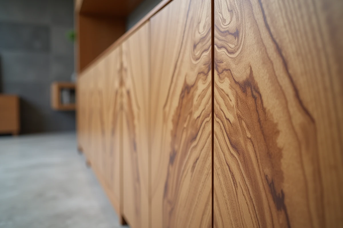 Détail de placage bois en érable figuré avec motif book-match sur un meuble haut de gamme en showroom