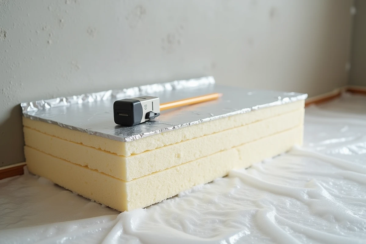 Gros plan sur des plaques d'isolation thermique rigides avec coupe transversale montrant les couches de matériaux