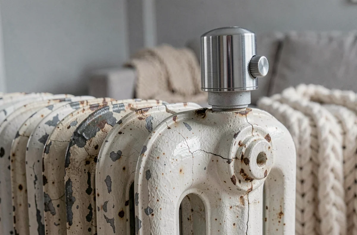 Détail d'un radiateur en fonte avec tête thermostatique moderne en chrome, contraste entre ancien et nouveau dans une rénovation énergétique