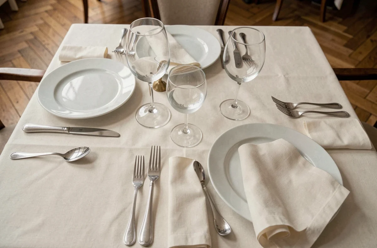 Vue de dessus d'une table de dîner chic à la française avec trois verres en cristal par couvert disposés selon le protocole français