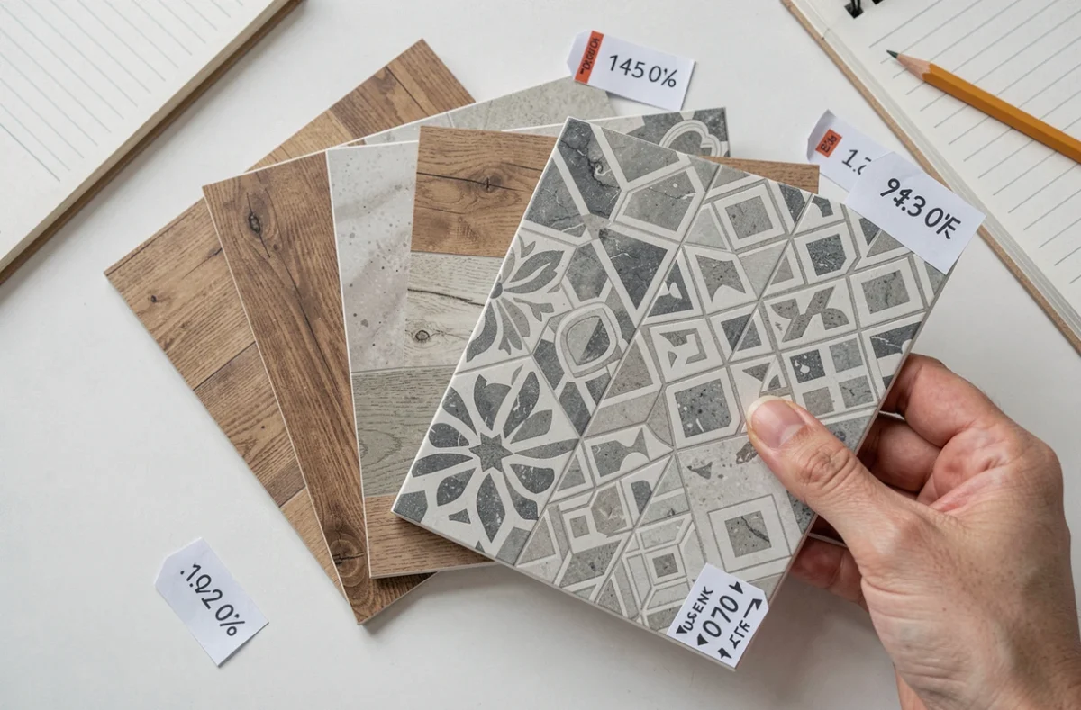 Échantillons de linoléum pas cher en fin de série comparés sur une table lors d'une planification de rénovation