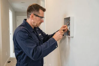 Électricien professionnel en train de brancher un interrupteur poussoir sur un mur blanc dans un couloir résidentiel moderne