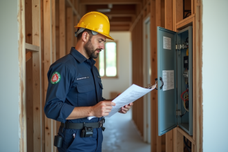 Électricien homme en uniforme dans un couloir neuf