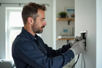 Électricien installant un bouton poussoir connecté dans un tableau domotique mural en intérieur