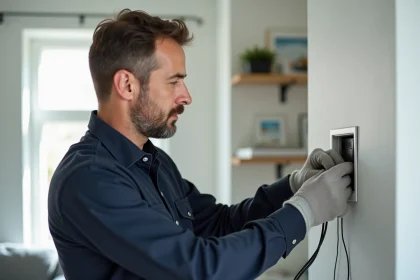 Électricien installant un bouton poussoir connecté dans un tableau domotique mural en intérieur