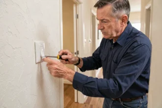 Électricien examinant un interrupteur va-et-vient dans un couloir résidentiel