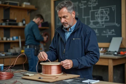 Électricien homme en atelier mesure un fil électrique