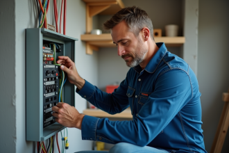 Électricien inspectant un panneau électrique moderne