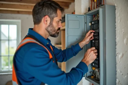 Électricien inspectant un panneau électrique moderne dans une maison
