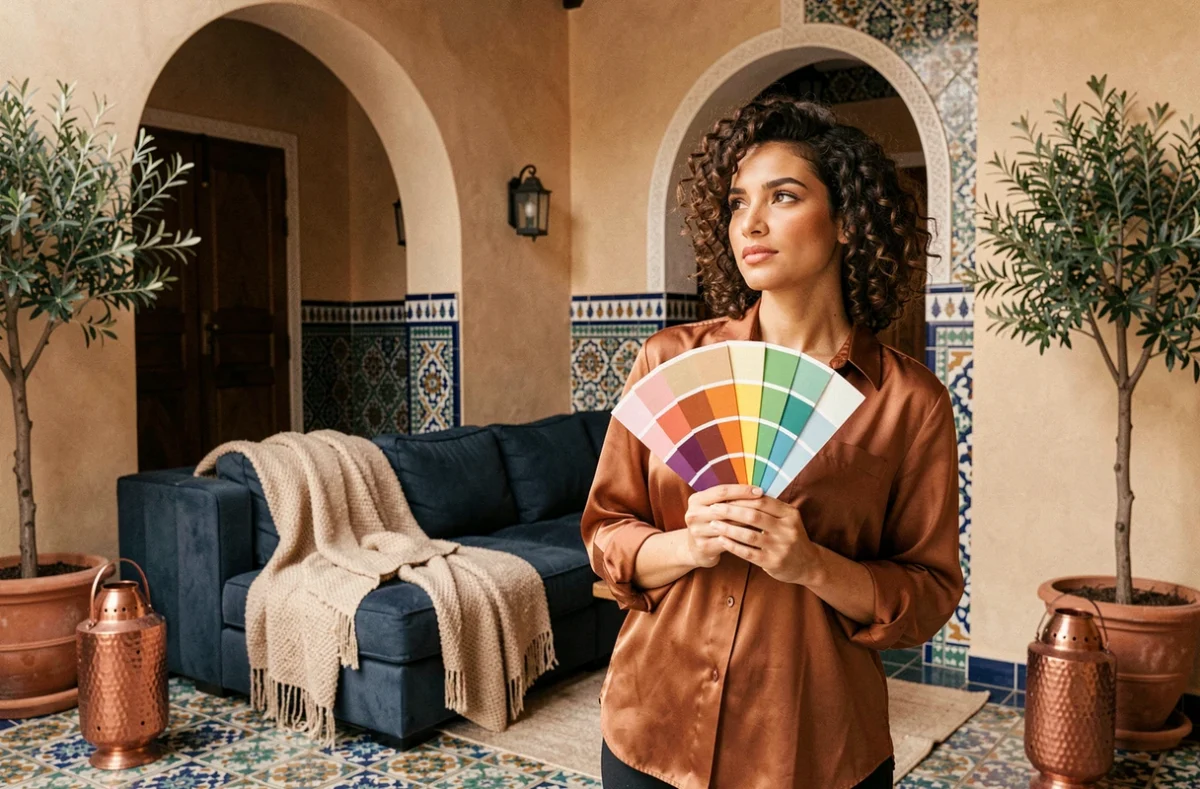 Salon d'inspiration marocaine avec carreaux encaustiques et sofa indigo profond signé Émilie Bouaziz