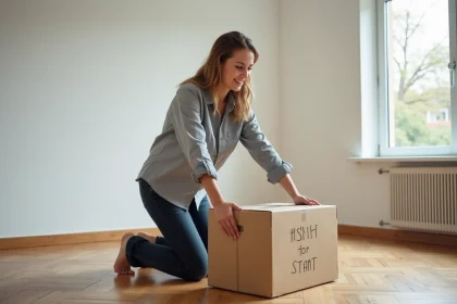 Femme déposant un carton lors d'un emménagement dans un appartement vide