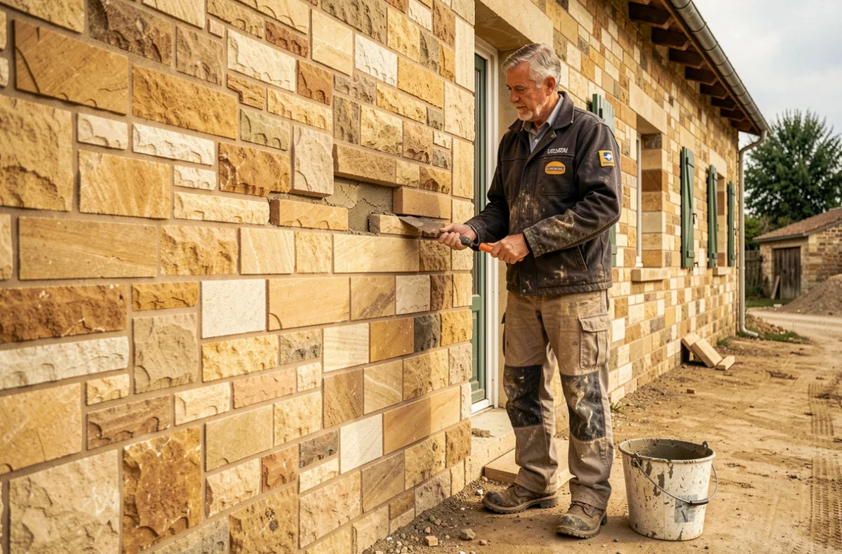 Maçon de l'Entreprise Somera posant un parement en pierre traditionnelle sur une façade de maison en Lot-et-Garonne