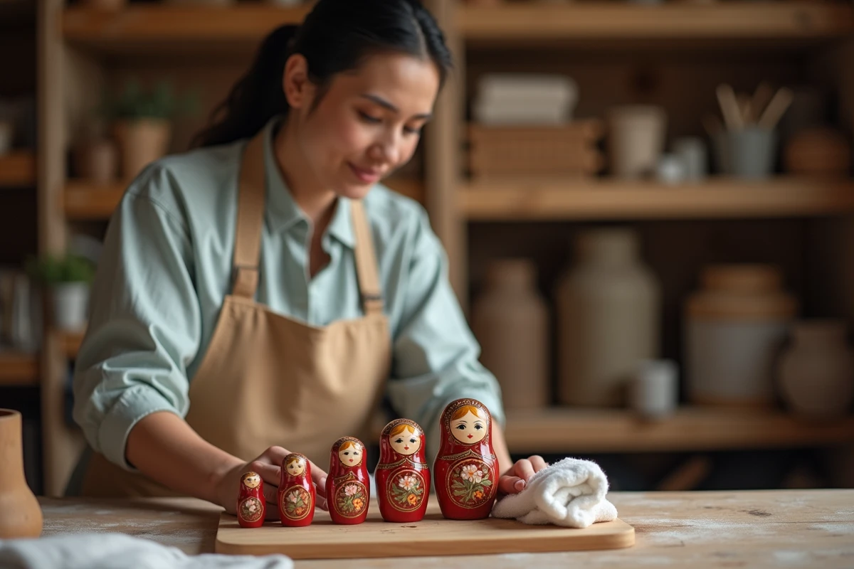 Femme entretenant une poupée Matriochka russe avec un chiffon doux dans un atelier artisanal en bois