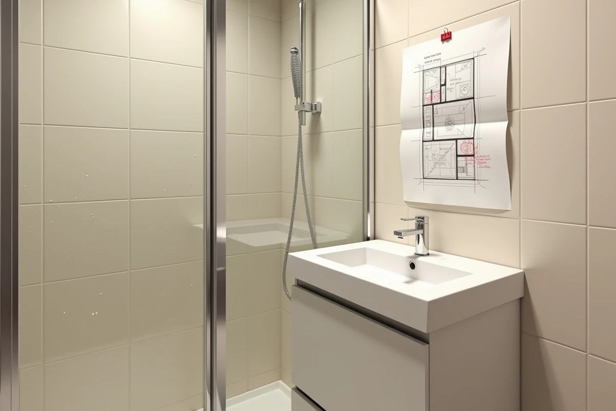 Erreur de plan dans une salle de bain 4m2 sans WC avec porte de douche bloquant l'accès au meuble vasque