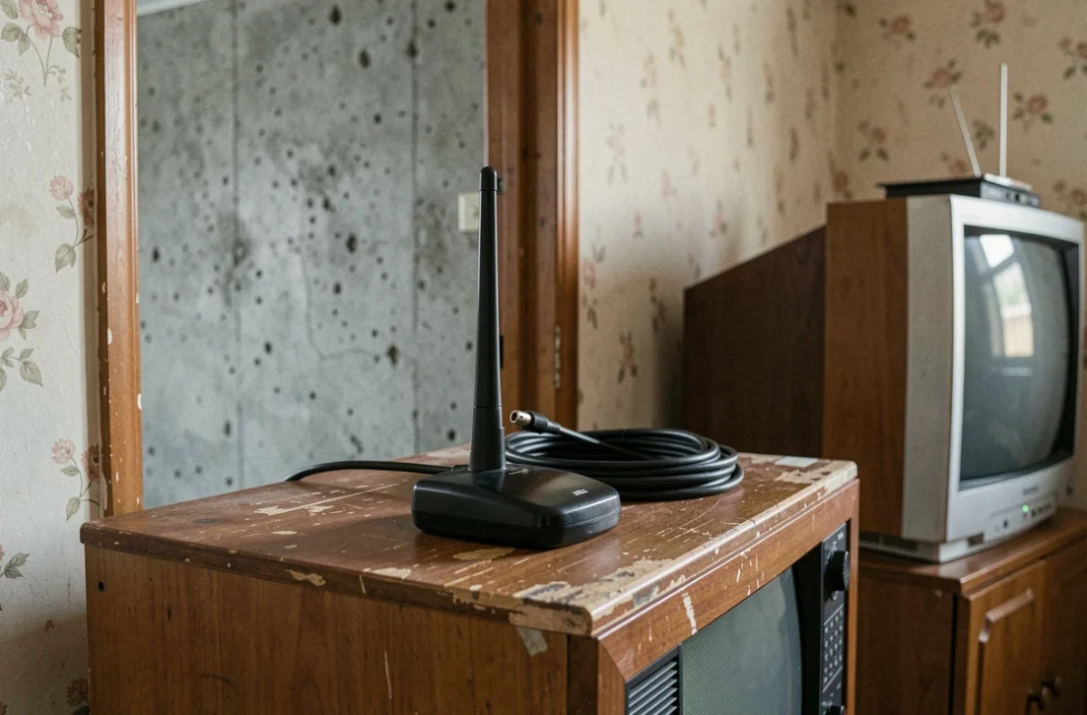Antenne TV intérieure mal positionnée sur un meuble bas près d'un mur en béton, erreur courante de réception