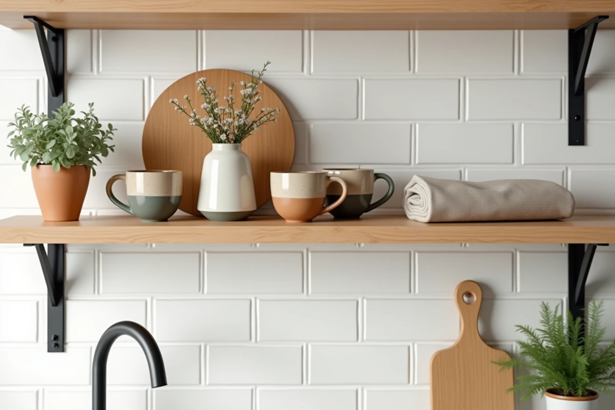 Étagère de cuisine ouverte décorée avec mugs en céramique artisanale, carafe de fleurs sauvages, planche en bois et herbes aromatiques en pot