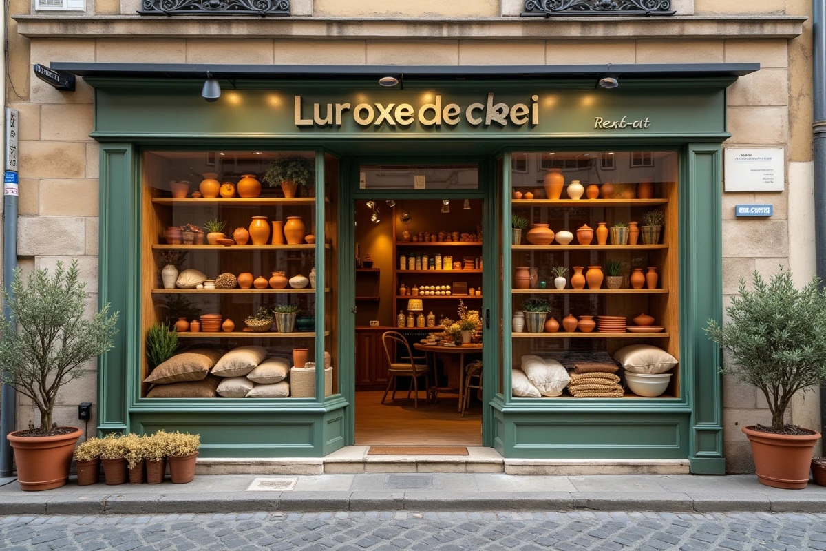 Devanture d'un magasin de décoration écoresponsable dans une rue lyonnaise avec vitrine en matières naturelles et façade en pierre