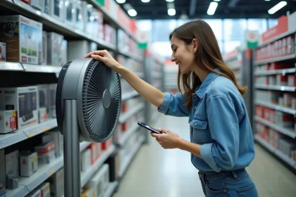 Jeune femme examine un ventilateur en magasin