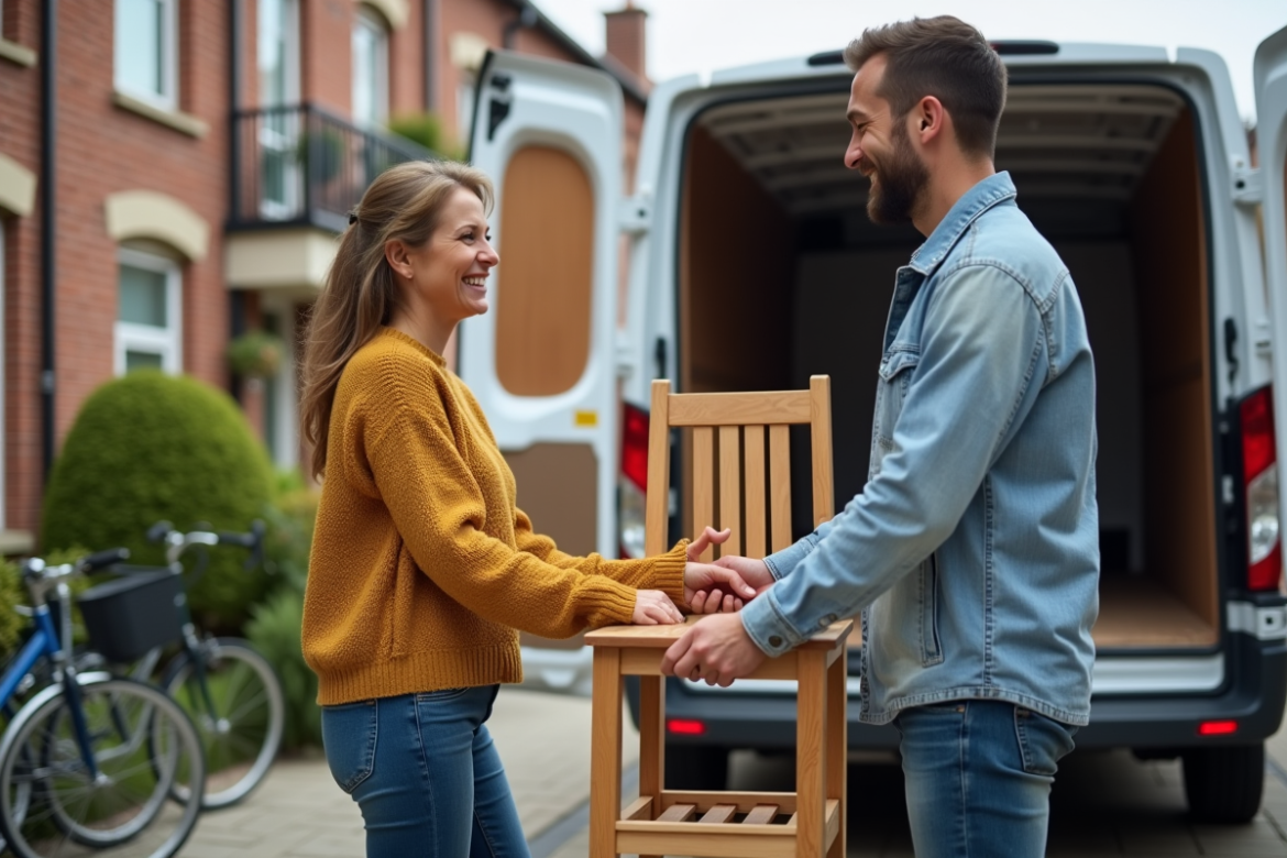 Femme souriante aidant à déplacer une chaise en bois dans une rue résidentielle