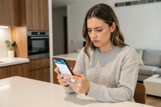 Femme consultant les prix de l'application mobile lamaison360 sur son smartphone dans une cuisine moderne