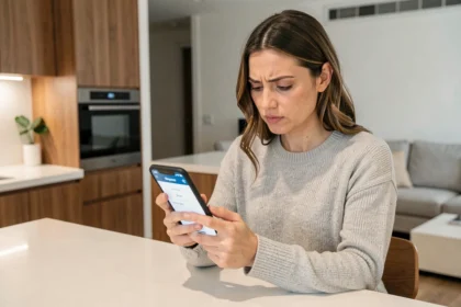 Femme consultant les prix de l'application mobile lamaison360 sur son smartphone dans une cuisine moderne