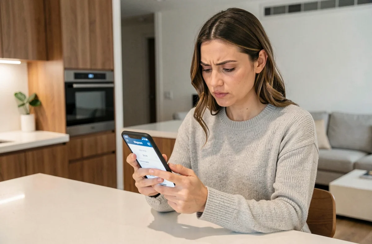 Femme consultant les prix de l'application mobile lamaison360 sur son smartphone dans une cuisine moderne